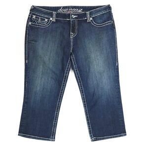 Downeast Capri Jeans Womens 33 Blue Denim Rhinestone Embroidered Flap Bling